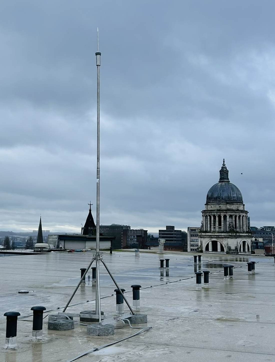 Completed lightning protection air terminal installation, Nottingham rooftop